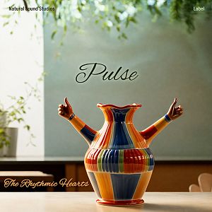 Pre Made Album Cover Sage A multicolored vase with two handles resembling arms with thumbs up, set on a table with a plant in the background.