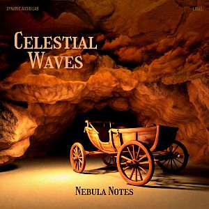 Pre Made Album Cover Rebel A wooden horse-drawn carriage inside a well-lit cave with orange, glowing rock formations surrounding it.