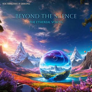 Pre Made Album Cover Fiord A majestic landscape with snow-capped mountains, vibrant flora, and a luminous orb reflecting a serene lake scene at dusk.