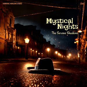 Pre Made Album Cover Asphalt A dark, rainy street illuminated by lampposts with a hat lying on the wet pavement under a mysterious, hazy night sky.