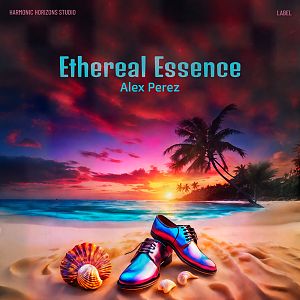 Pre Made Album Cover Burning Sand Colorful shoes and seashells on a sandy beach with a vibrant sunset and palm trees in the background.