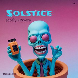 Pre Made Album Cover Tapestry A cartoonish blue skeleton with sunglasses and a tie emerges from a pot, holding a small device against a gradient background.