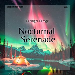 Pre Made Album Cover Corduroy A glowing tent by a serene lake, with vibrant northern lights illuminating snowy mountains in the background.