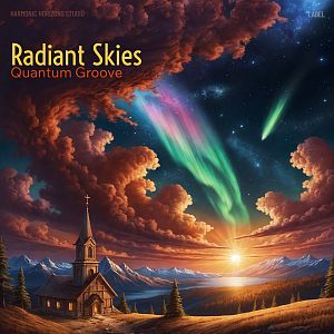 Pre Made Album Cover Baltic Sea A wooden church sits in a vast, golden field under vibrant auroras and dramatic, colorful clouds.