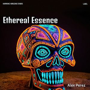 Pre Made Album Cover Raw Sienna A colorful, intricately designed skull with neon patterns on a dark background.