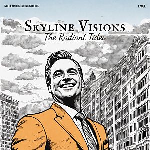 Pre Made Album Cover Iron A smiling man in a suit stands in front of illustrated buildings and clouds.