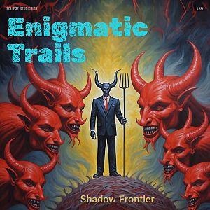 Pre Made Album Cover Tundora A man in a suit with a demonic face and horns holds a pitchfork, surrounded by devilish heads in a fiery, surreal setting.