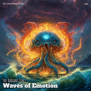 Pre Made Album Cover Limed Spruce A glowing jellyfish-like creature emerges from tumultuous ocean waves under a dark, stormy sky.