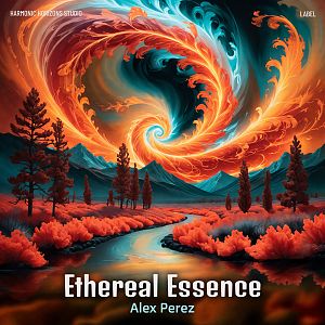 Pre Made Album Cover Burnt Sienna A surreal, vibrant landscape with a glowing whirlpool in the sky above a serene river flanked by colorful foliage.