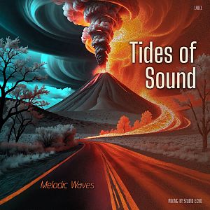 Pre Made Album Cover Woody Brown A vivid surreal scene featuring a volcanic eruption, swirling clouds, and a twisting road, with bold text overlay.