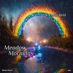 Pre Made Album Cover Charade A vibrant rainbow arches over a rainy, reflective road at dusk, surrounded by trees and mist.