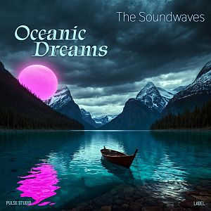 Pre Made Album Cover Big Stone A boat floats on serene water under a dramatic sky, framed by mountains, with a large, bright pink moon.