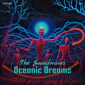 Pre Made Album Cover Bleached Cedar Three neon-colored skeletons dance under a glowing moon, surrounded by eerie, twisted trees with a dark, mystical backdrop.