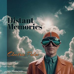 Pre Made Album Cover Mineral Green A man in futuristic attire and large goggles stands against a cloudy sky background.