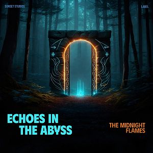 Pre Made Album Cover Aztec A glowing, rune-covered stone doorway stands illuminated in a mystical, foggy forest at night.