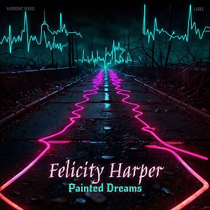 Pre Made Album Cover Cinder A dark, moody scene with neon blue and pink lines on a desolate path, and an electric heartbeat pattern in the sky.