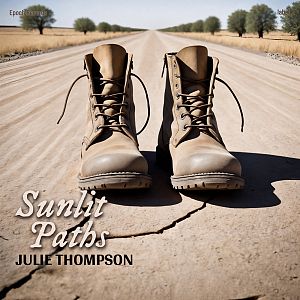 Pre Made Album Cover Soft Amber A pair of worn boots on a deserted dirt road, leading into the horizon lined with trees.