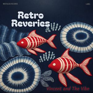 Pre Made Album Cover Oriental Pink Two red and white striped fish swim among blue circular patterns. 
