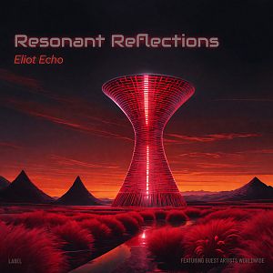 Pre Made Album Cover Tamarind A futuristic red tower structure in a surreal landscape with mountains and reflective water.