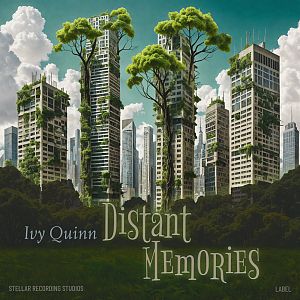 Pre Made Album Cover Lunar Green Tall buildings intertwined with large trees under a green sky.