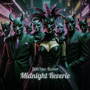 Pre Made Album Cover Woodsmoke A group of masked individuals in elaborate outfits stands in a neon-lit, futuristic city. Central figure wears a feathered mask and ornate dress.