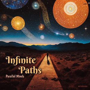 Pre Made Album Cover Raw Sienna A person walks on a wooden path in a desert under a starry sky with large, artistic celestial bodies.