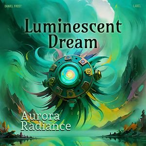 Pre Made Album Cover Sea Green Abstract, vibrant artwork with a celestial theme, featuring a central glowing mechanism surrounded by dynamic green and teal swirls.