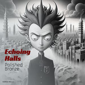 Pre Made Album Cover Oslo Gray A monochromatic illustration of a serious character with spiky hair amid a surreal cityscape background.