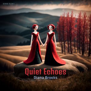 Pre Made Album Cover Cocoa Brown Two elegant figures in red dresses stand on a rock amidst a serene, hilly landscape with red trees.