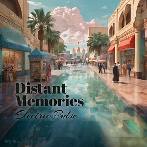 Pre Made Album Cover Nandor A lively marketplace with people walking, palm trees, vibrant shops, and a reflective waterway under a blue sky with fluffy clouds.