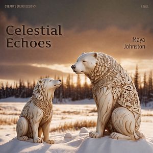 Pre Made Album Cover Cement Two intricately carved bears, adorned with floral patterns, sit facing each other in a snowy landscape with a sunset background.