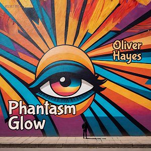 Pre Made Album Cover Raw Sienna A large, colorful mural of an eye with vibrant rays, and a person standing at the bottom of the image.