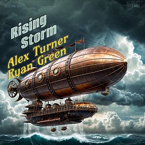 Pre Made Album Cover Outer Space A large, detailed steampunk airship hovers above stormy seas, with dramatic clouds in the background.