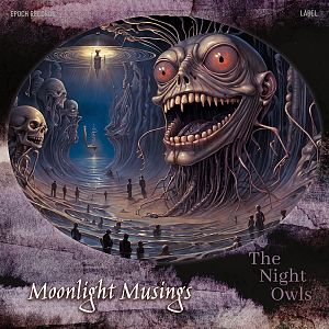 Pre Made Album Cover Baltic Sea Surreal art of giant demonic heads surrounded by tiny people under moonlight, capturing eerie and fantastical elements.