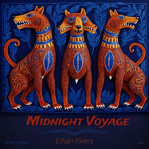 Pre Made Album Cover Desert Three stylized orange and blue dogs with intricate patterns stand on a dark blue background.