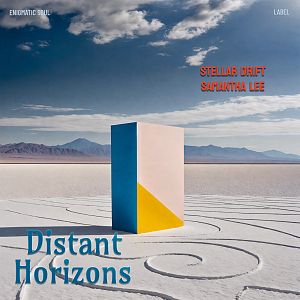 Pre Made Album Cover Silver Minimalist desert scene with geometric structure and mountains in the background.