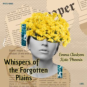 Pre Made Album Cover Yuma A grayscale portrait of a woman with vibrant yellow flowers covering her eyes, set against a collage of torn, vintage-style text pages.