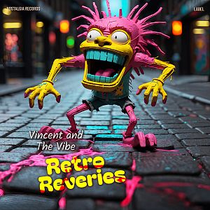 Pre Made Album Cover Ship Gray A colorful cartoon creature with a big grin stands on a cobblestone street amidst neon lights.