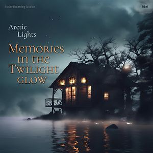 Pre Made Album Cover Limed Spruce A cozy cabin with glowing windows sits by a tranquil lake under a moody, foggy sky with leafless trees.