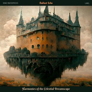 Pre Made Album Cover Sorrell Brown A floating castle with eerie, tall spires, surrounded by clouds and a mystical atmosphere.