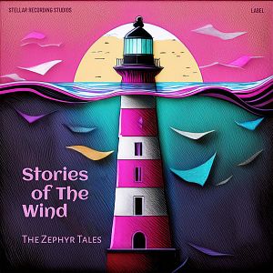 Pre Made Album Cover Steel Gray An artistic image of a pink and white lighthouse with colorful paper airplanes against a vibrant sunset sky.