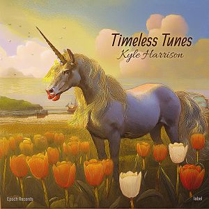 Pre Made Album Cover Barley Corn A unicorn stands in a field of tulips near a lake with a sunset in the background.