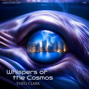 Pre Made Album Cover Bunting A surreal eye with a cosmic cityscape reflection, set against a vivid blue, swirling background.