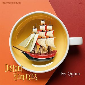 Pre Made Album Cover Raw Sienna A model ship with sails appears inside a coffee cup on a contrasting orange and red background.