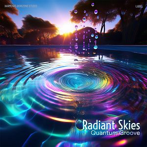 Pre Made Album Cover Steel Gray A serene sunset over a vibrant, glowing pool with water droplets creating a dynamic, colorful ripple effect.