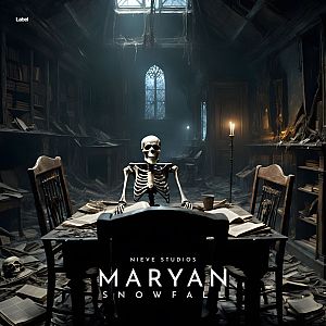Pre Made Album Cover Shark a skeleton sitting at a table in a dark room