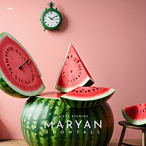Pre Made Album Cover Petite Orchid a watermelon sculpture with slices of watermelon in front of a clock