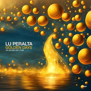 Pre Made Album Cover Lunar Green Golden spheres float above a glowing, swirling light emerging from the water under a dark, starry sky.