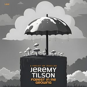 Pre Made Album Cover Lemon Grass Black and white illustration of mushrooms growing under a dripping umbrella on a grassy block with clouds in the background.