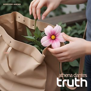 Pre Made Album Cover Roman Coffee Person placing a pink flower with green leaves into a beige bag, lush green background.